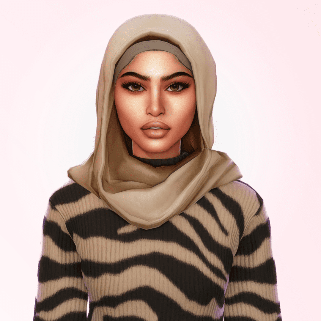 Yasmin Abu-Saleh poses in front of a blush pink background, wearing a soft brown hijab and a zebra-striped sweater, gazing directly into the camera.