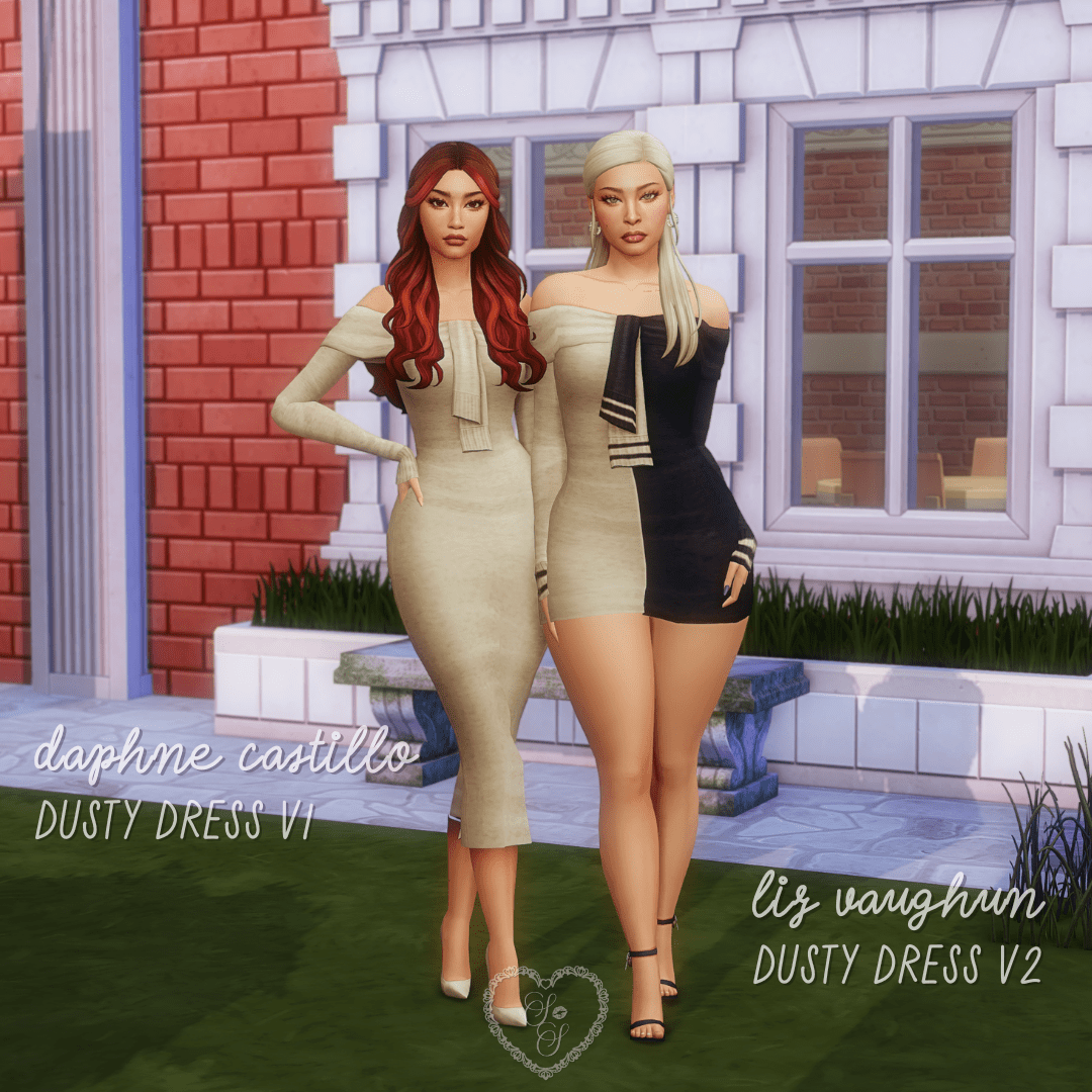 These Sims stun in form-fitting neutral dresses—one midi, one mini—each styled with bold accessories for a look that says high-end academic glam.