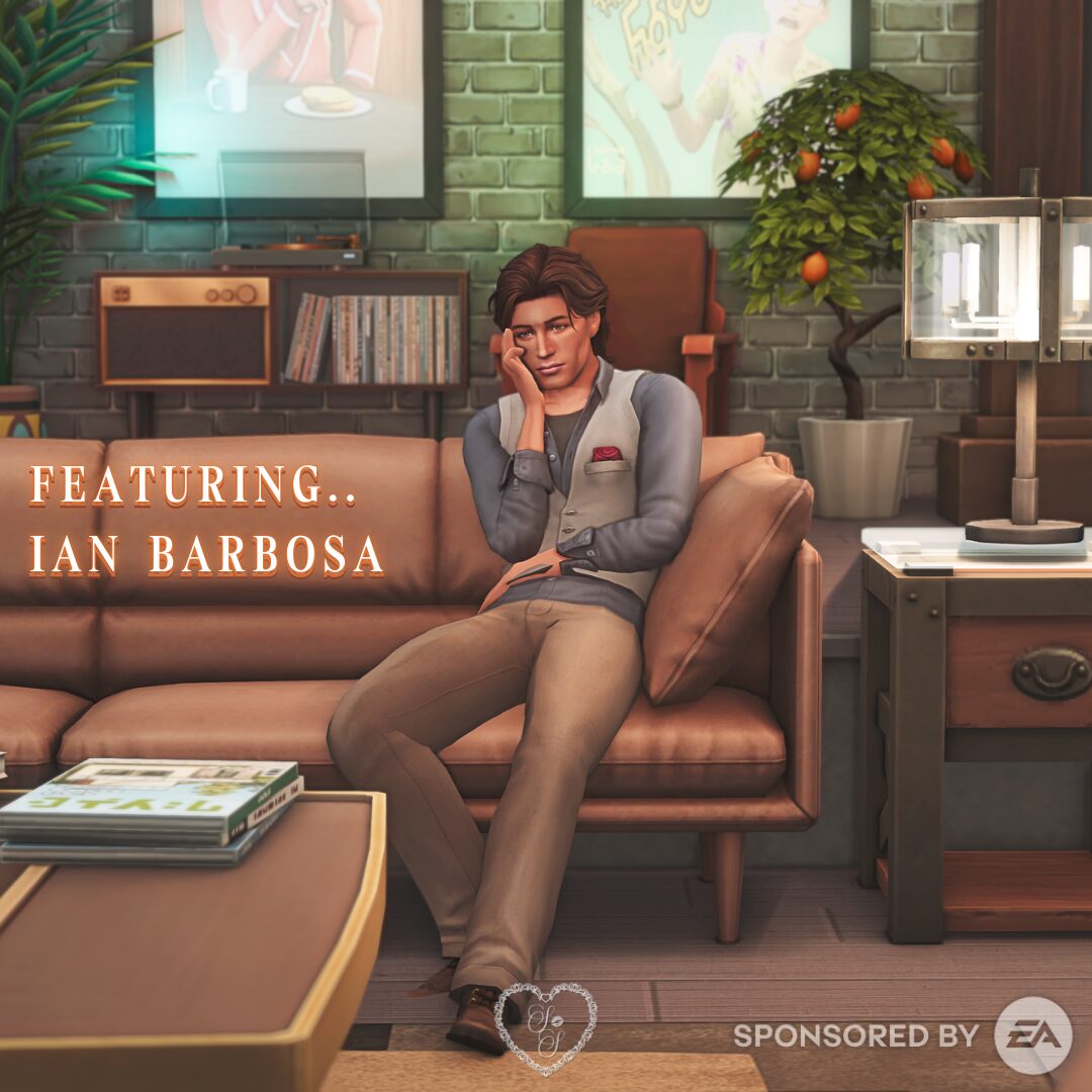 Ian Barbosa lounges on a leather couch in a tailored vest and casual slacks, set against a retro-inspired Sims 4 living room backdrop.