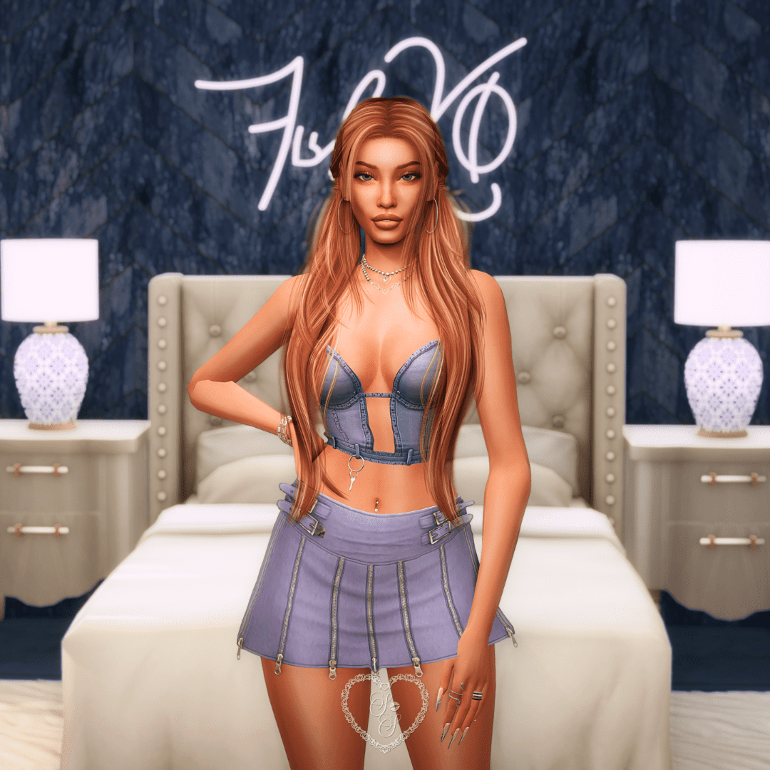 Nikki Dior stands at the center of a luxury bedroom set, hands on hips and ready to take on the Sims world with bold, high-maintenance flair.