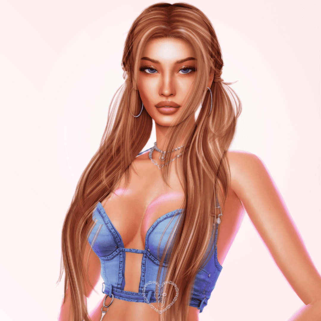 Close-up of Nikki Dior with long caramel hair in pigtails, wearing a denim corset top and hoop earrings.