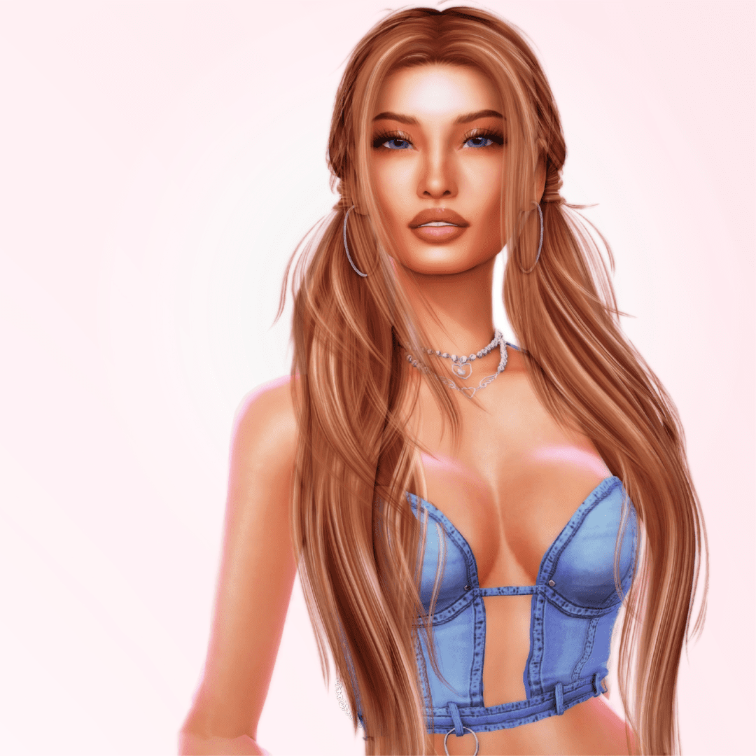 Nikki Dior smiles softly, showing off her denim corset and silver heart jewelry against a soft pink background.