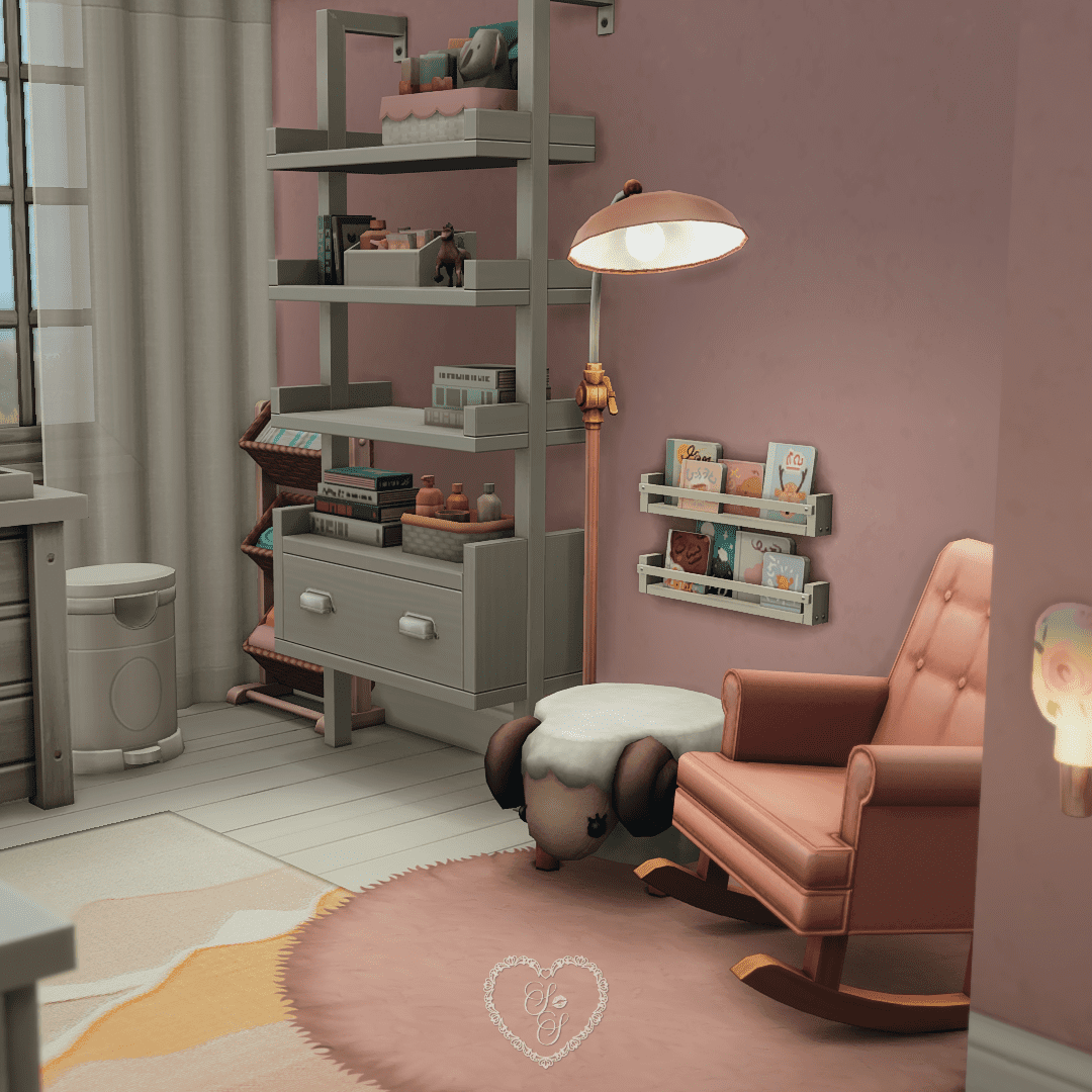 A pink nursery nook with a blush rocker, sheep ottoman, and pastel baby books neatly stacked on wall shelves.