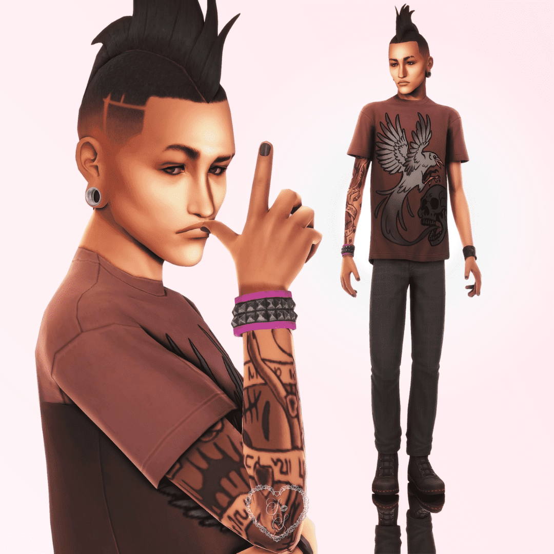 Nyon Specter poses with a finger gun and tattooed arms, dressed in a punk-inspired tee and bracelets, radiating rebellious teen energy.