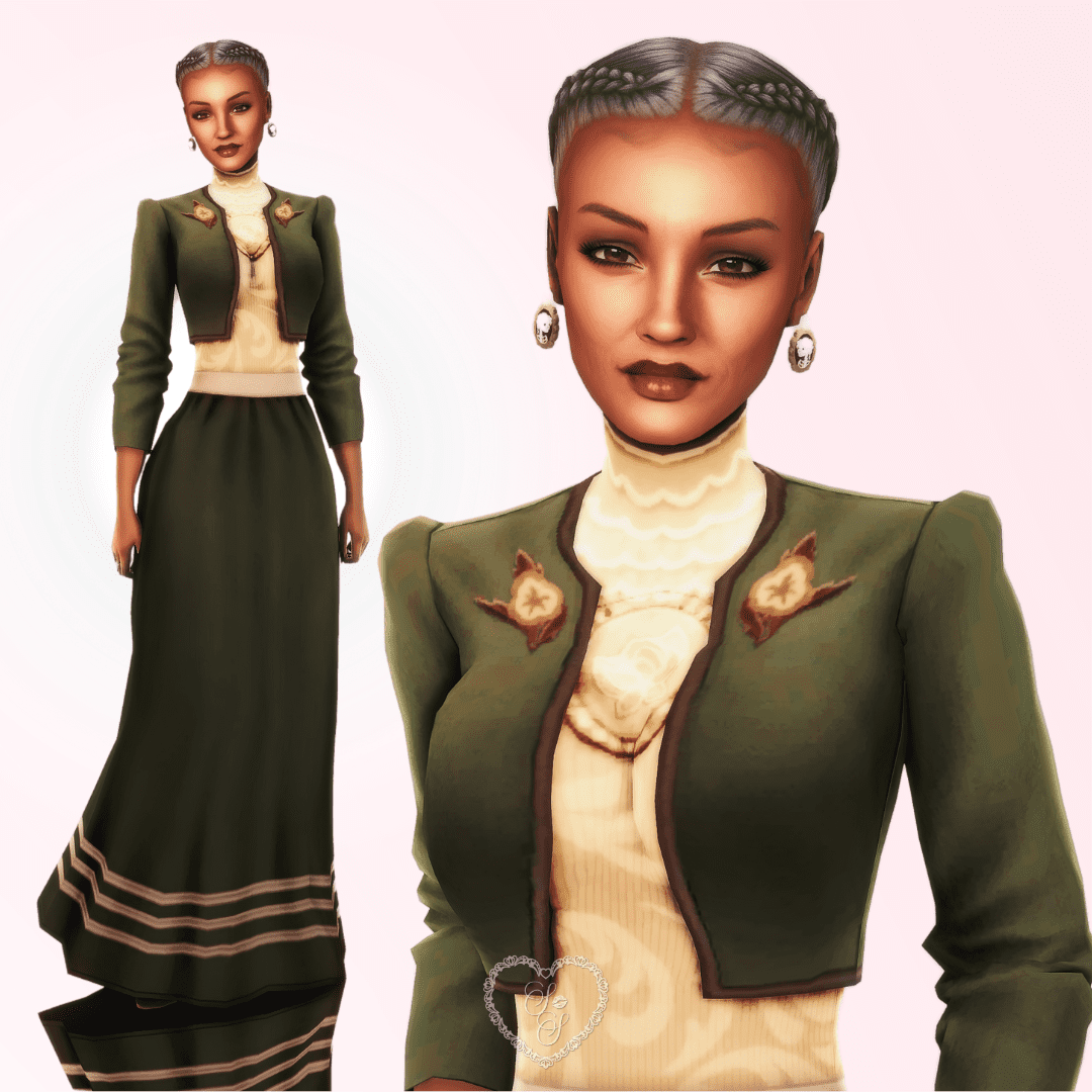 Olive Specter stands confidently in a vintage olive green outfit with golden floral embroidery, captured in both full body and close-up portraits.