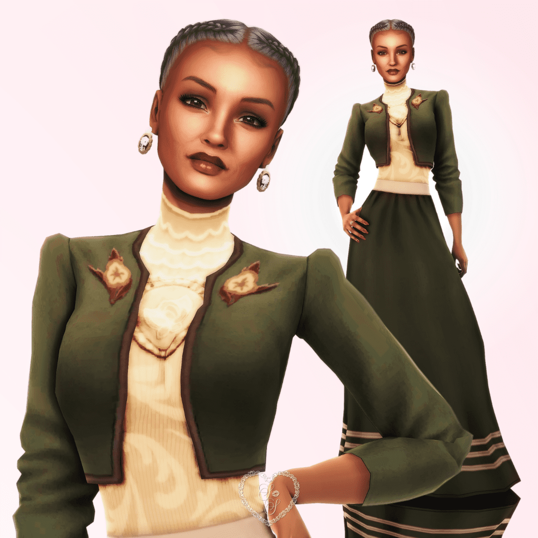 Close-up and full-body portrait of Olive Specter, slightly tilted with a raised hand, showing off her poised elegance and old-money glam.