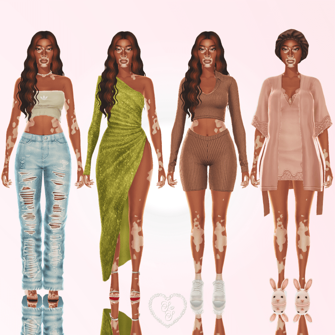 Four styled looks for the sim including denim, glam, athleisure, and bedtime wear with adorable bunny slippers.