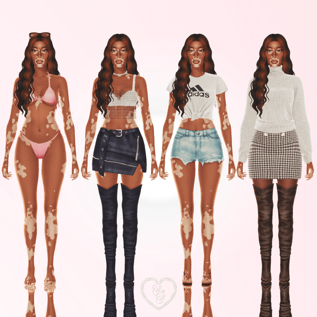 Sims 4 sim inspired by Winnie Harlow showing four stylish outfits—pink bikini, mini skirt and boots, sporty denim, and a cozy winter look with thigh-high boots.