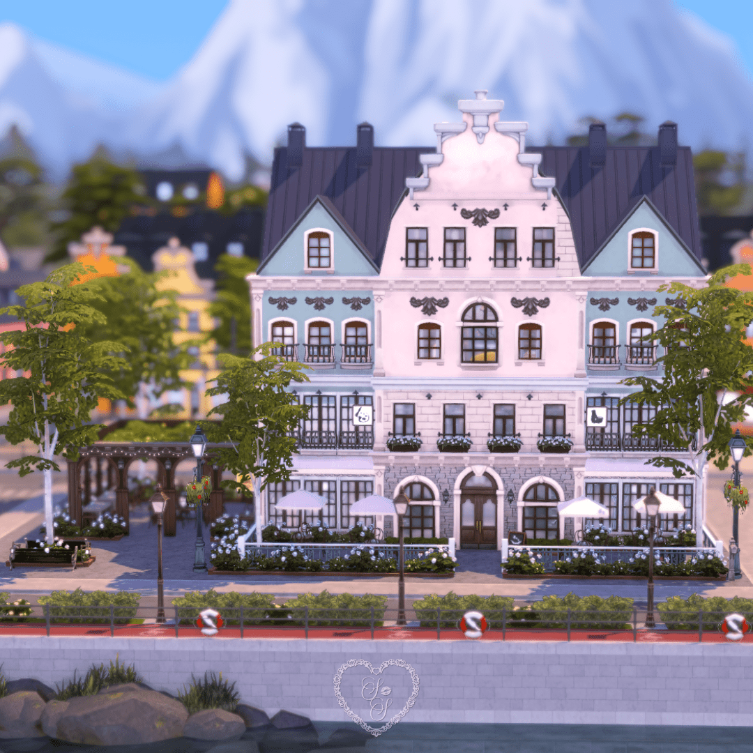 A three-story pastel café with romantic European-style architecture, detailed balconies, and flower boxes in Nordhaven.