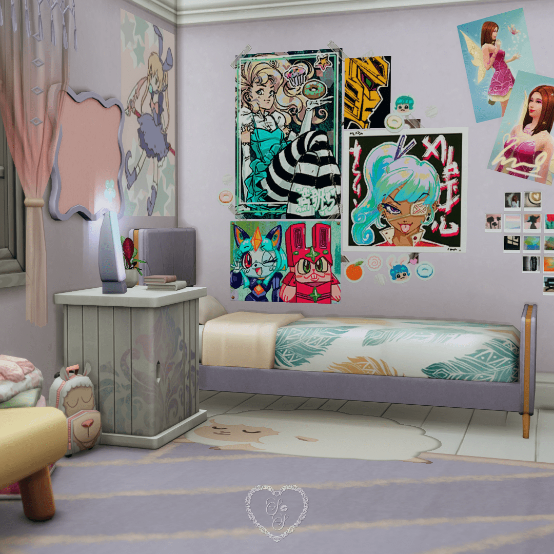 A fun, expressive kid’s bedroom with anime wall posters, a lilac bed, and kawaii-style décor in purples and pinks.