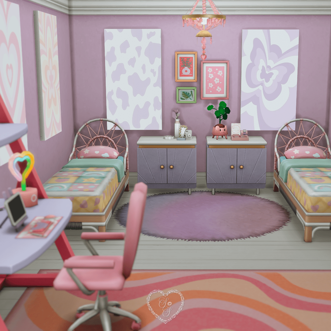 A vibrant, pastel-themed twin bedroom with lavender walls, pink and orange decor, and whimsical art prints above each bed.