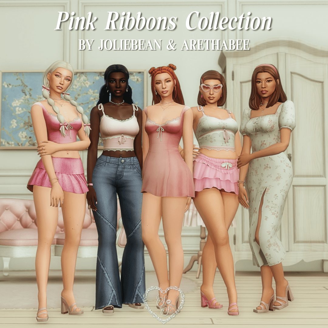 A lineup of five Sims from the Pink Ribbons Collection, each styled in soft, romantic outfits featuring pink tones, ribbons, florals, and pastels.