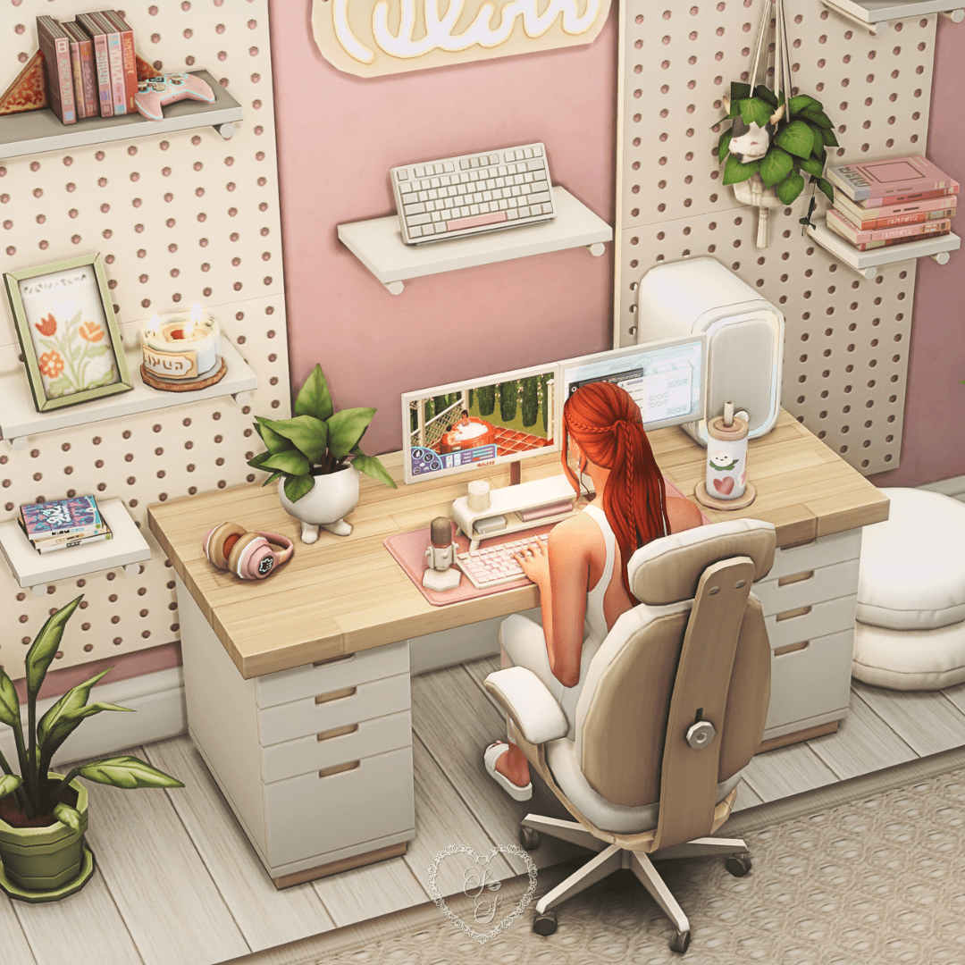 A soft pink Sims 4 gaming room built with the Cozy Gamer Kit, featuring ambient lighting, girly décor, a custom PC, and a Sim at her dream desk.
