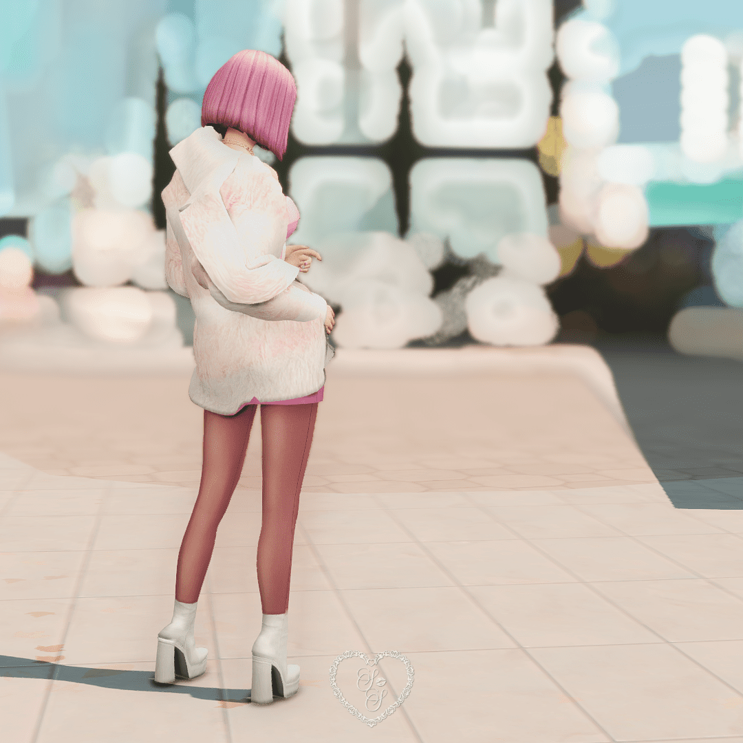 Anaya Mori standing confidently with her back turned, showing off her pink fur coat and white heels on a blurred city street.