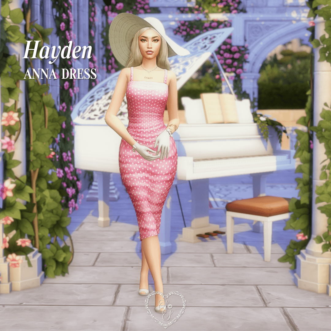 A glamorous Sim named Hayden walks past a white piano in a rose-covered venue, wearing a pink polka dot midi dress, sunhat, and gloves.