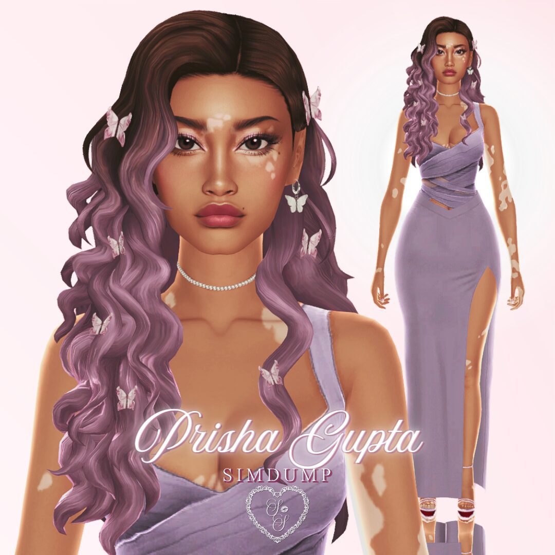 Prisha Gupta wears a lilac gown with butterfly clips in her curly lavender hair, her vitiligo patterns adding to her romantic look.
