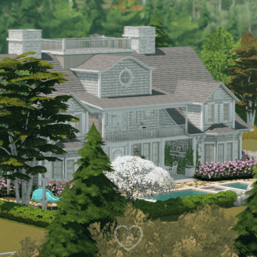 Rear view of Hydrangea Family Estate showing the backyard playground, second-story balcony, and lush landscaping.
