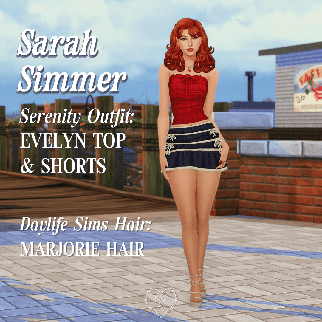 Sarah Simmer wears a nautical red top and navy mini skirt tied with bows, evoking playful sailor-core energy by the docks.