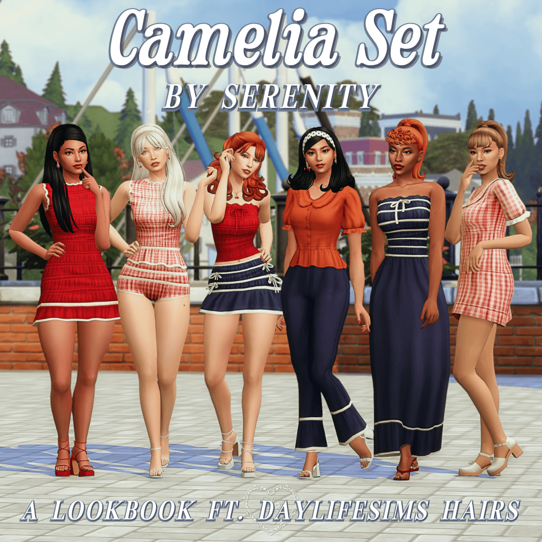 A group of seven Sims pose together in colorful spring-to-summer outfits from the Sims 4 Camelia Set by Serenity, styled with DaylifeSims hairs.