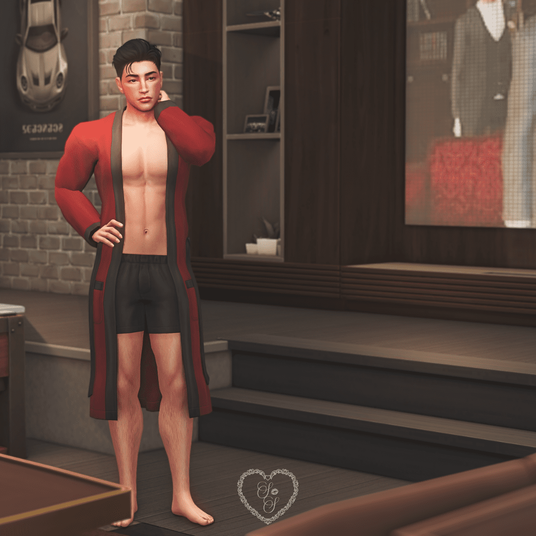 A shirtless Sim in a sleek robe poses in front of the built-in TV area, adding a touch of CAS flair from the Casanova’s Cave Kit.