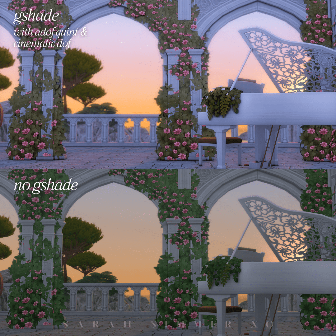 Elegant outdoor dining area under a floral arch-covered terrace, with cinematic lighting in Gshade vs flat lighting in default view.