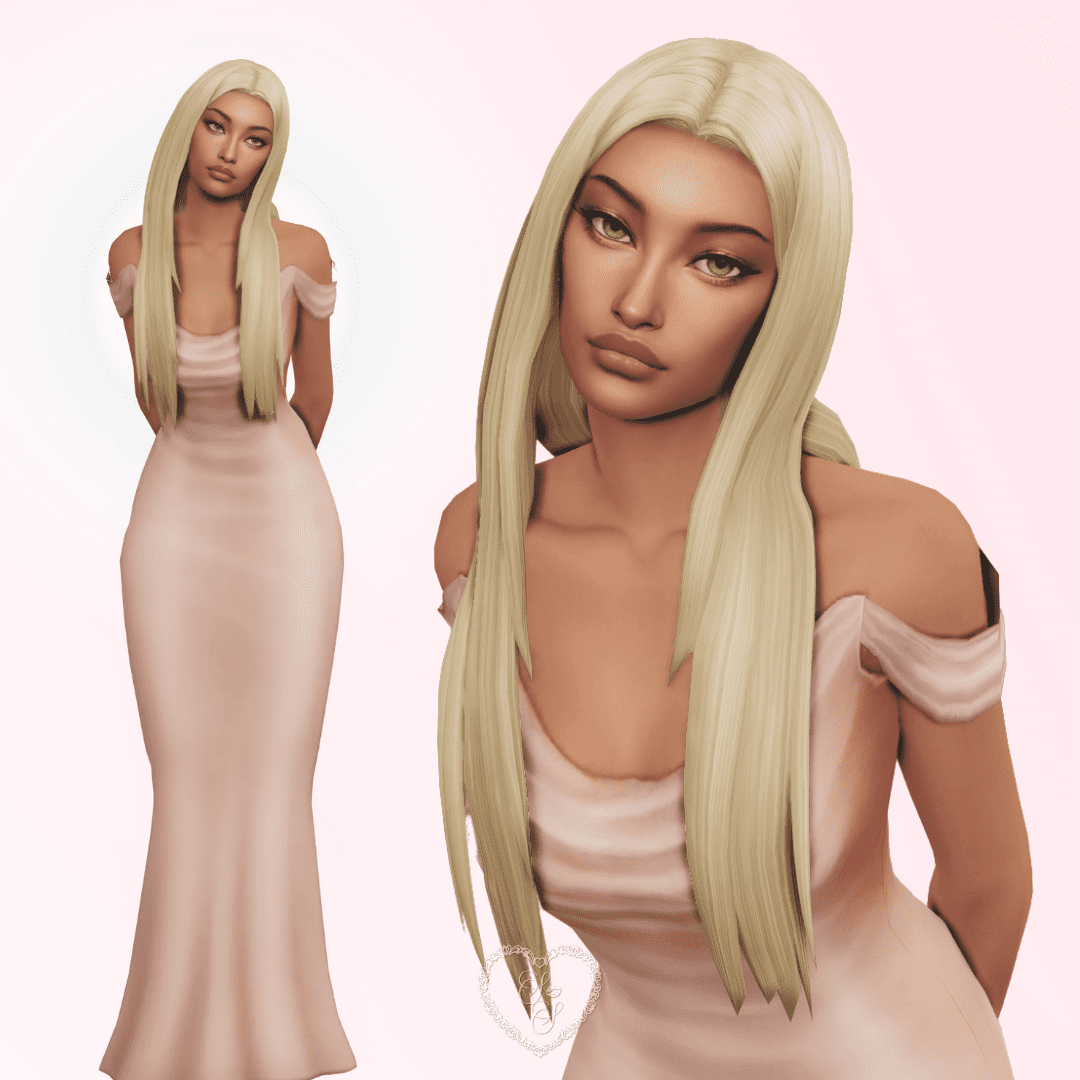 Lori Ashby in a romantic blush pink off-shoulder gown, posing sweetly with a dreamy, downturned gaze against a soft background.