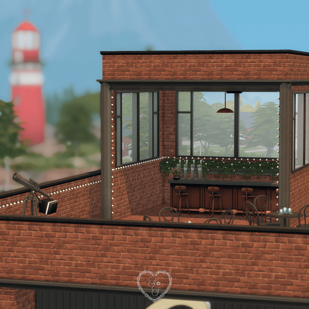 The rooftop level of Ink and Reverb features a romantic lounge area with string lights, a bar, and scenic seating for Sims to sip and stargaze.