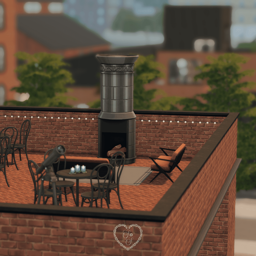 A cozy rooftop corner with an outdoor fireplace, telescope, and intimate seating—perfect for storytelling or stargazing above the city lights.
