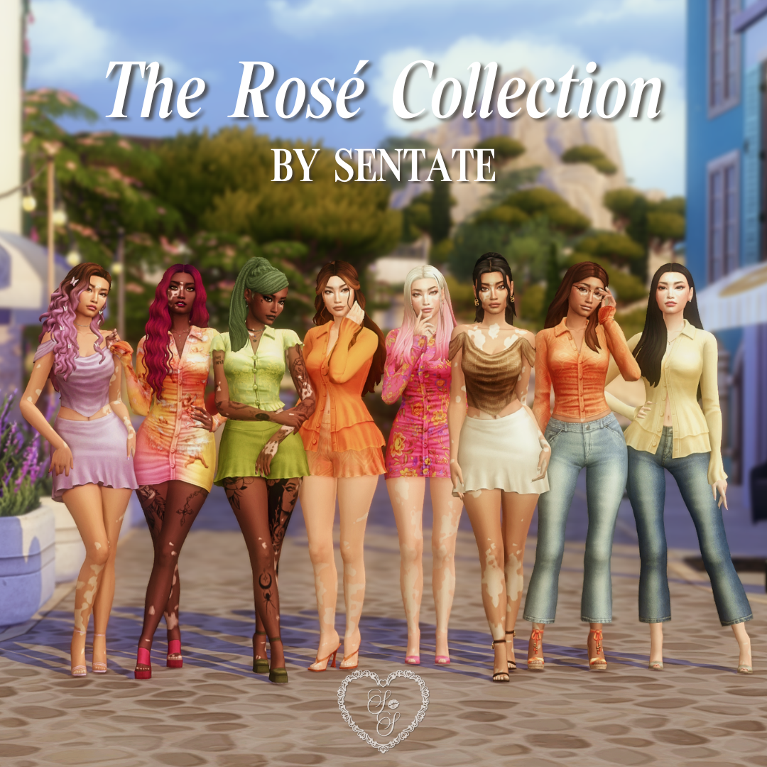 A Sims 4 lookbook lineup of fashionable Sims in colorful spring outfits from The RosΓ© Collection by Sentate.