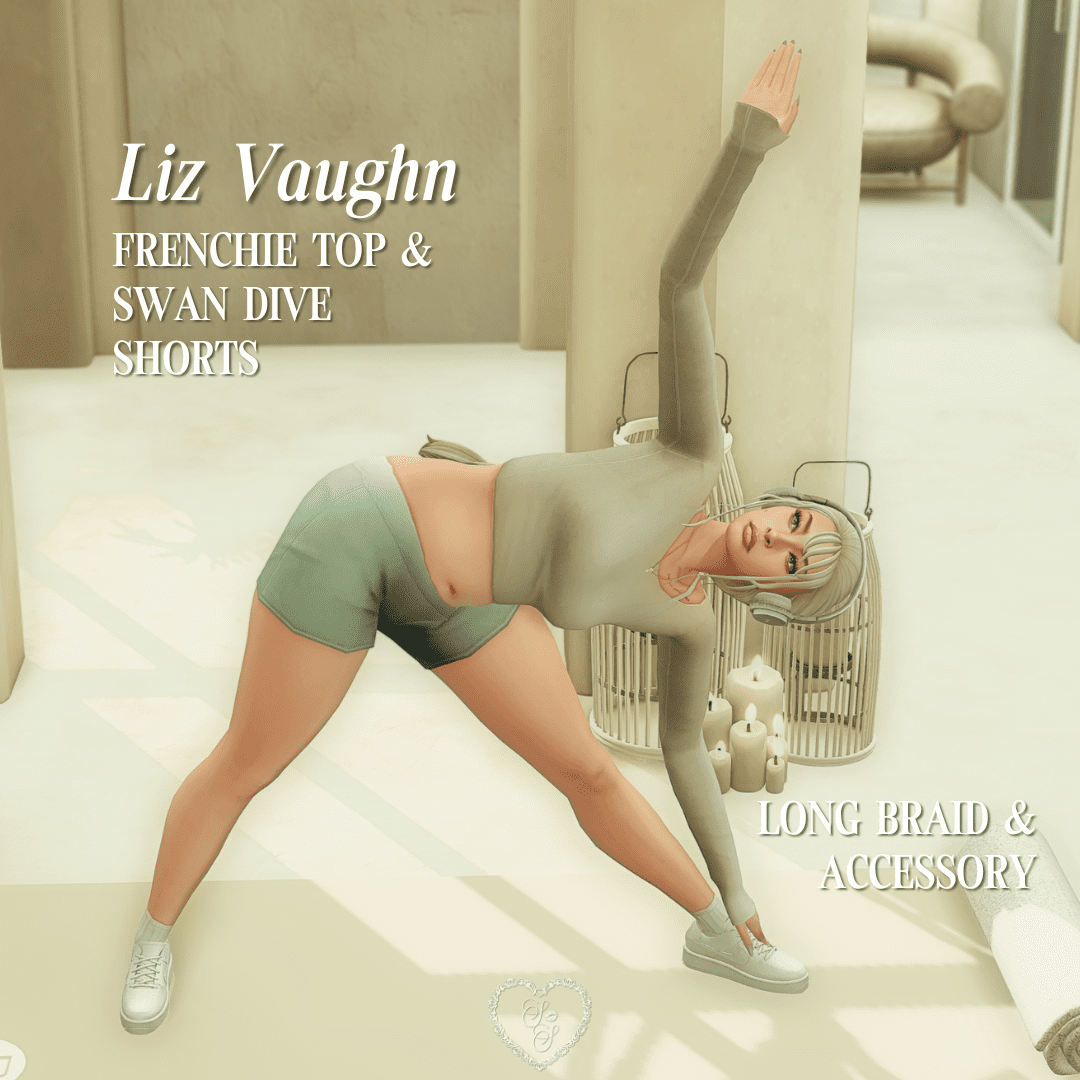 Sim Liz Vaughn holds a triangle pose in mint green swan dive shorts and a sage Frenchie top, styled with a long braid and ear accessories. Aesthetic candles and towels set the calming scene.