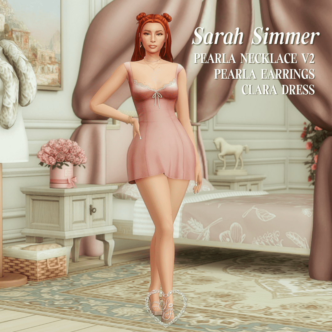 Sarah Simmer wears a blush-toned mini dress with delicate lace detailing and a bow-tied neckline, styled with space buns and gold jewelry. A dreamy Sims 4 fashion moment.