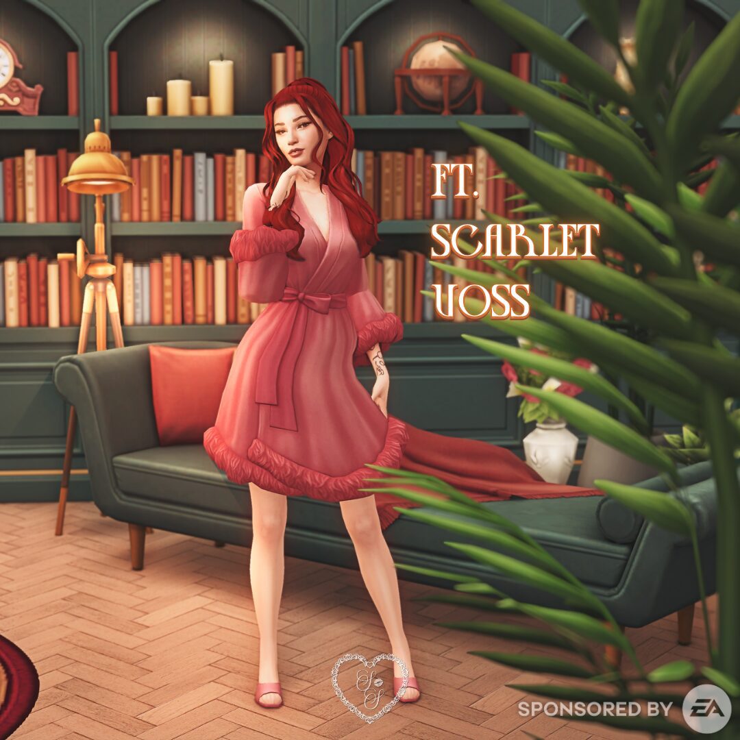 Scarlet Voss lounges confidently in a rich rose-colored robe dress with dramatic sleeves, surrounded by vintage bookshelves and warm lighting in the Secret Sanctuary Parlour Room.