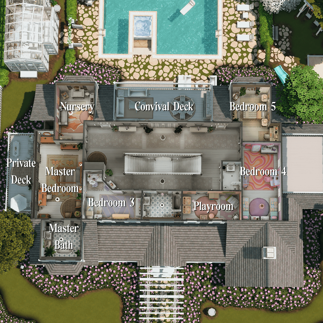 Labeled floor plan of the second story, featuring bedrooms, playroom, and a spacious deck for entertaining.