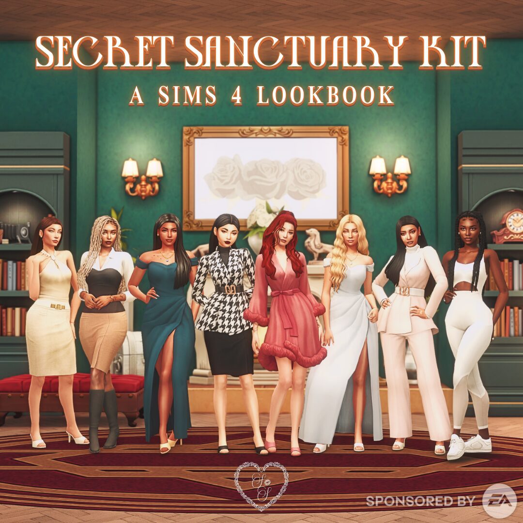 A full-body group shot of nine glamorous Sims posing in a vintage-inspired library setting. They’re styled in refined outfits from the Sims 4 Secret Sanctuary Kit, showcasing elegant silhouettes and polished tailoring.