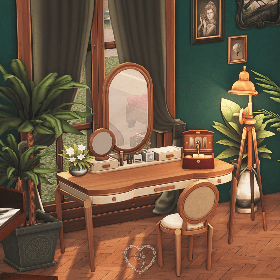 Sims 4 Secret Sanctuary vanity setup with dual mirrors, floral accents, and a vintage music box beside a tall brass floor lamp.
