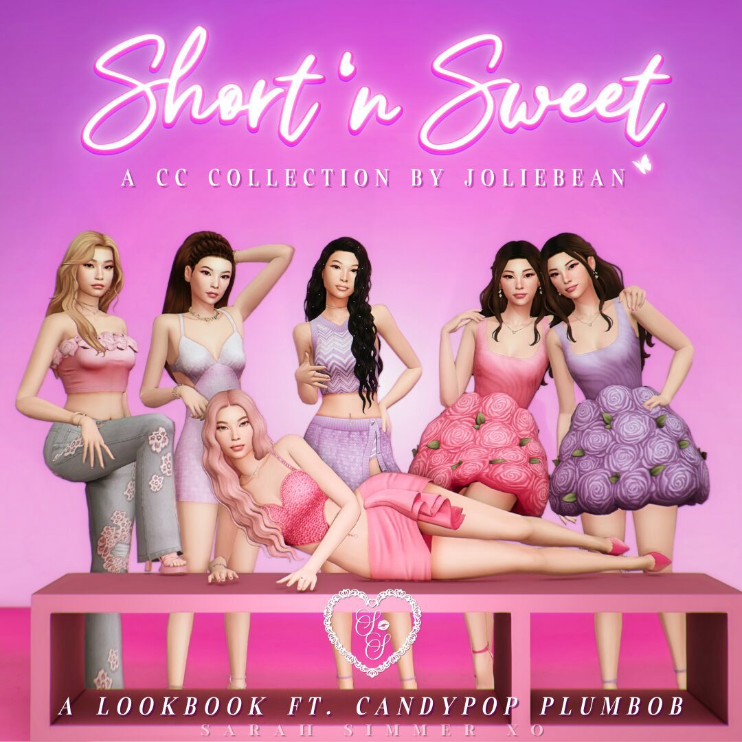 All six members of the Sims K-pop group Candypop Plumbob pose together in pastel glam outfits from the Short ‘n Sweet CC collection by Joliebean.