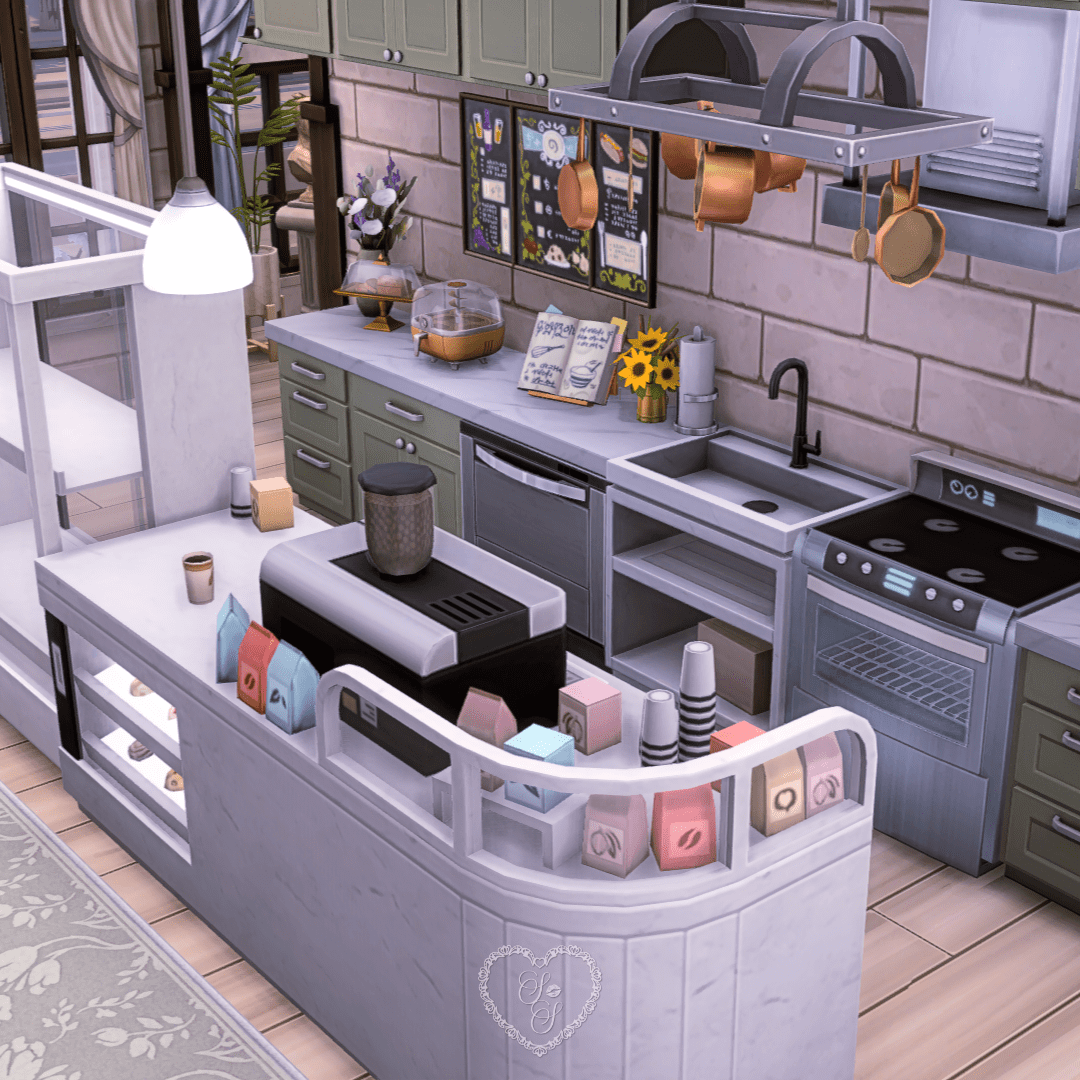 Sims 4 café interior with an espresso bar, pastry display, and sage green cabinets against brick walls.
