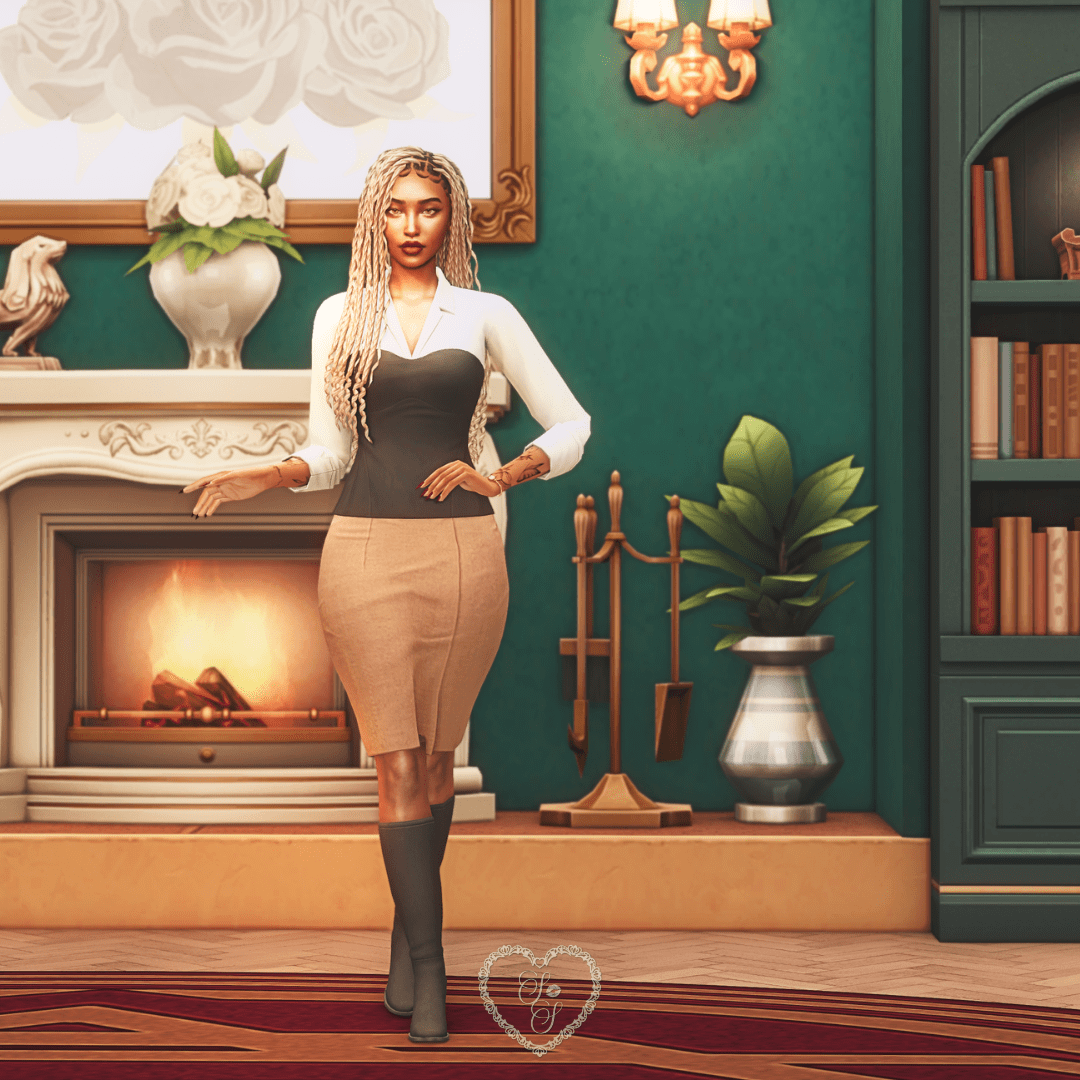 A Sim poses confidently in front of a roaring fireplace, styled in classic glam attire with Secret Sanctuary Kit decor in the background.