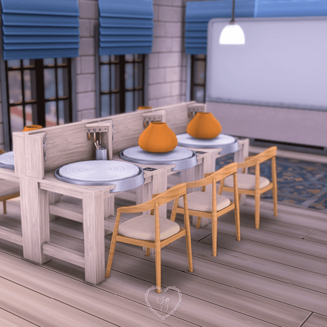 Sims 4 pottery studio with clay wheels, orange vases in progress, and a row of modern wood chairs.