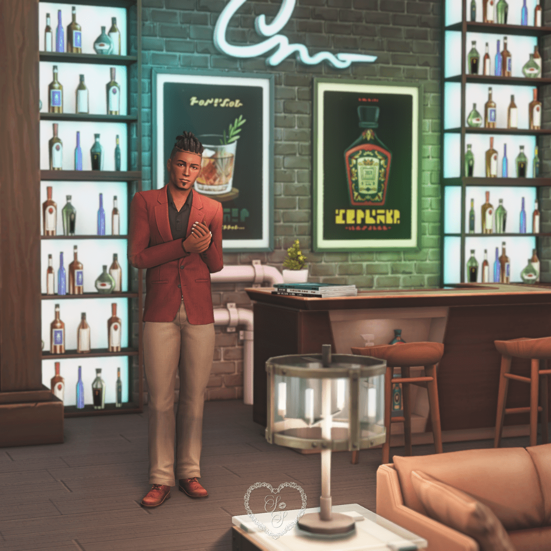 A confident Sim in a red blazer poses in front of the bar area in the Casanova’s Cave Sims 4 bachelor pad build.