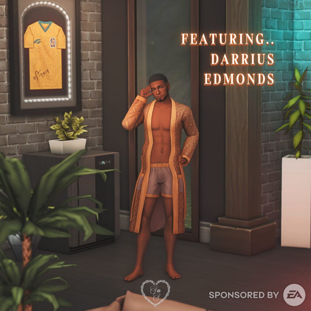Darrius Edmonds yawns adorably in a plush patterned robe and boxer briefs—sleepy, stylish, and totally Sims 4-ready.