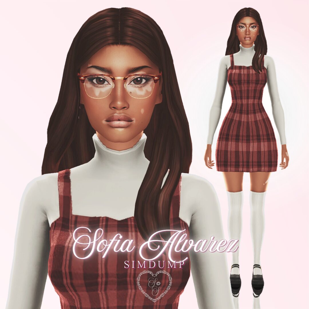 Sofia Alvarez wears a plaid pinafore over a white turtleneck, paired with knee-high socks and glasses, giving off academic-chic vibes.