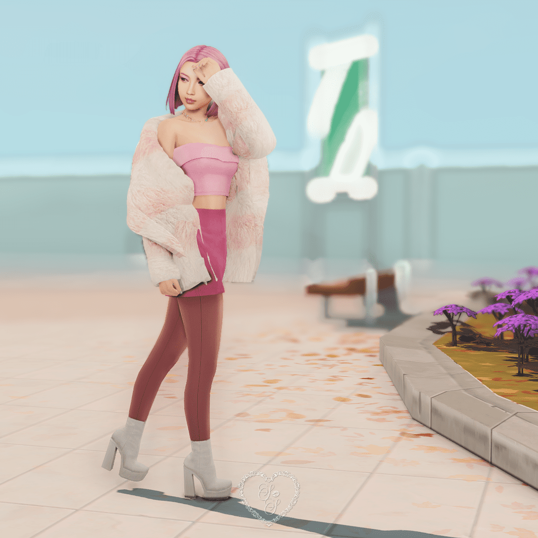 Sims 4 sim Anaya Mori walking confidently across a tiled plaza, styled in a soft girl aesthetic with a fur coat and pastel heels.