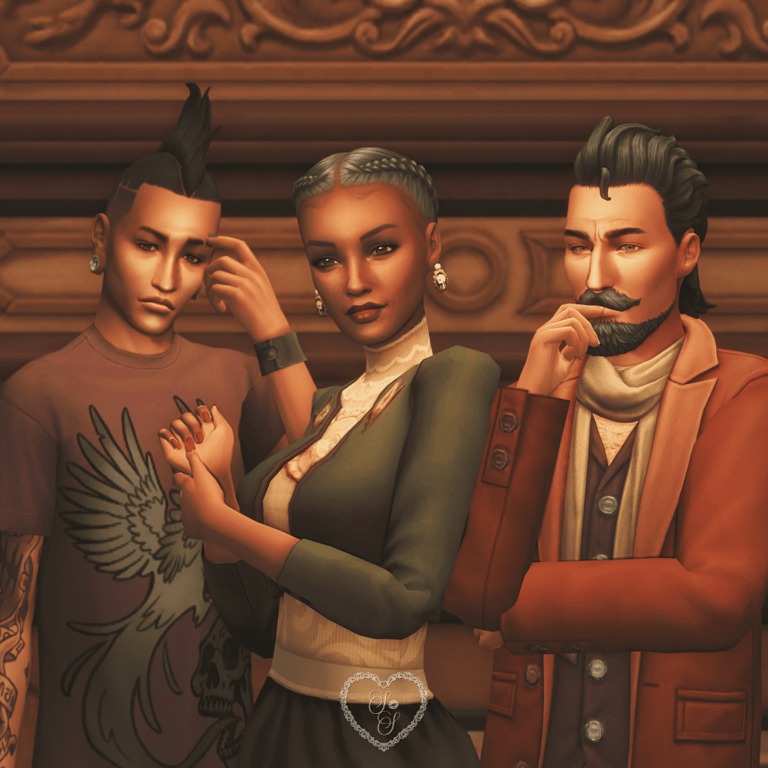 The Sims 4 Specter Household—Olive, Nyon, and Lyon—stand together in front of a carved wooden fireplace, styled with dramatic flair.