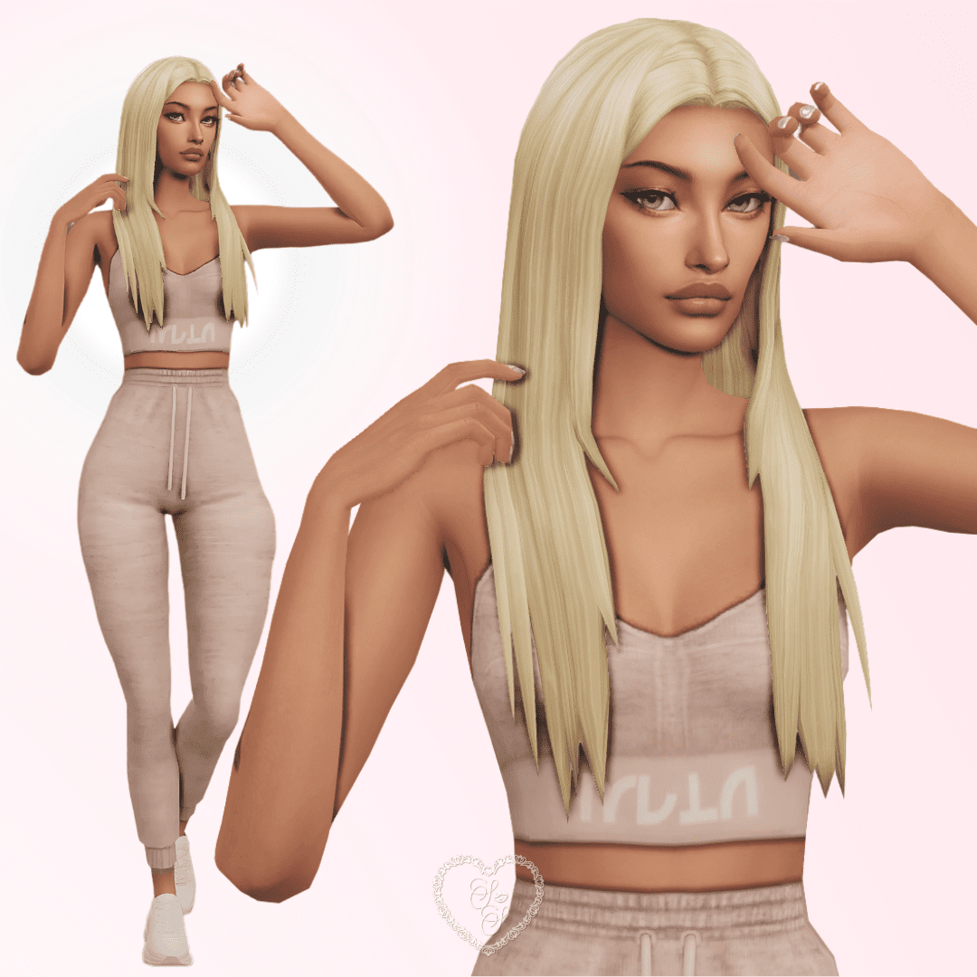 Sims 4 Sim Lori Ashby in a sporty blush-toned lounge set, striking a playful pose with one hand near her face.