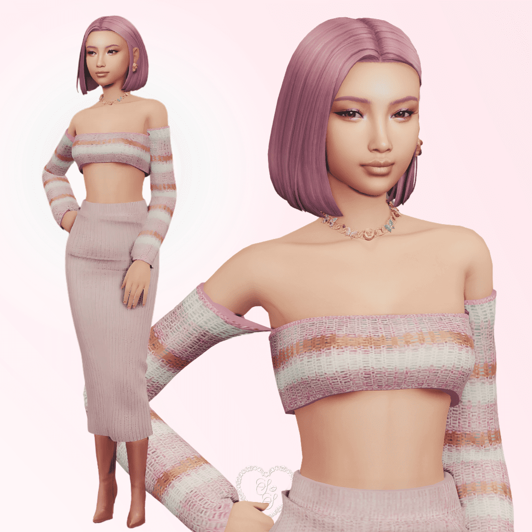 Sims 4 sim Anaya Mori posing in a cozy striped off-shoulder sweater and matching skirt with knee-high boots, giving soft pastel energy.