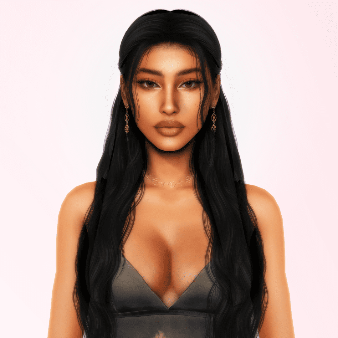 A close-up portrait of Samaya Singh, a Sims 4 Sim with long black hair, gold jewelry, and a confident expression.