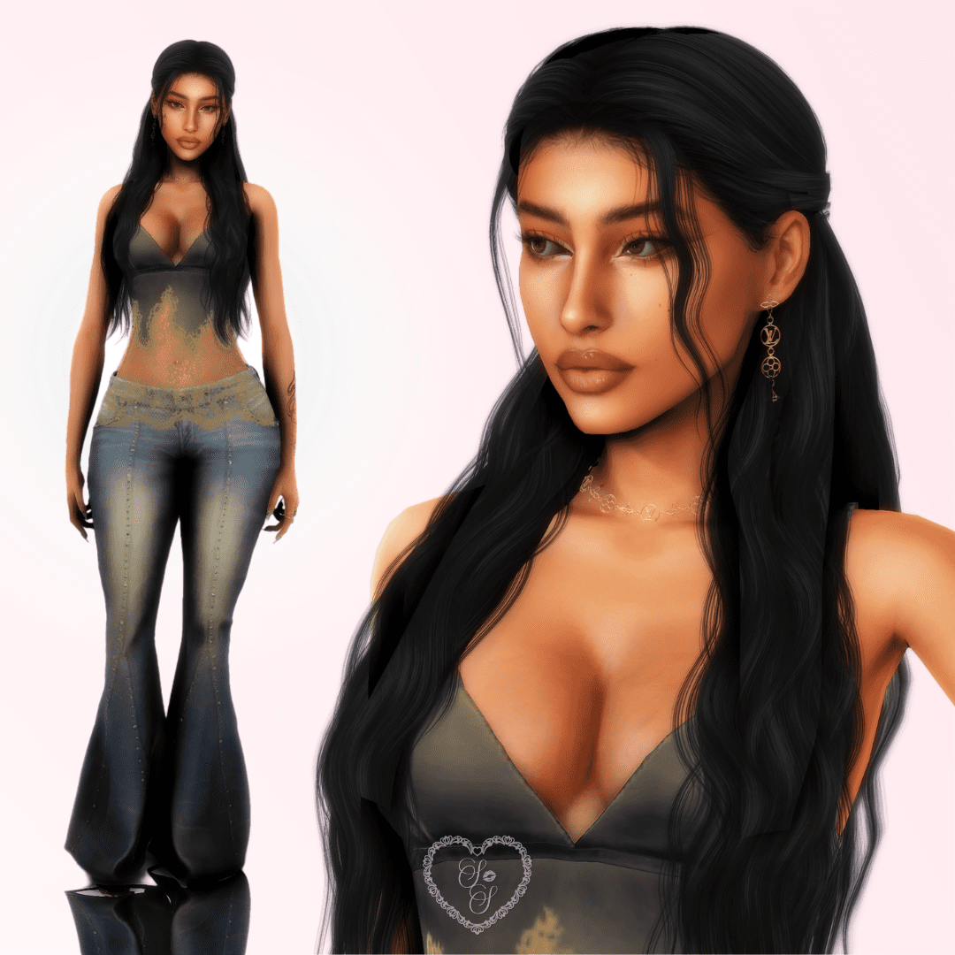 A zoomed-in look at Samaya Singh’s soft makeup, dark lashes, and layered necklace, alongside a full-body view in flared jeans and a sheer tank.