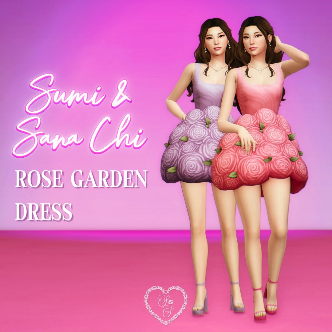 Twin Sims Sumi and Sana Chi wear matching rosebud-textured dresses in pastel pink and lavender, styled like real-life stage costumes with floral flair.