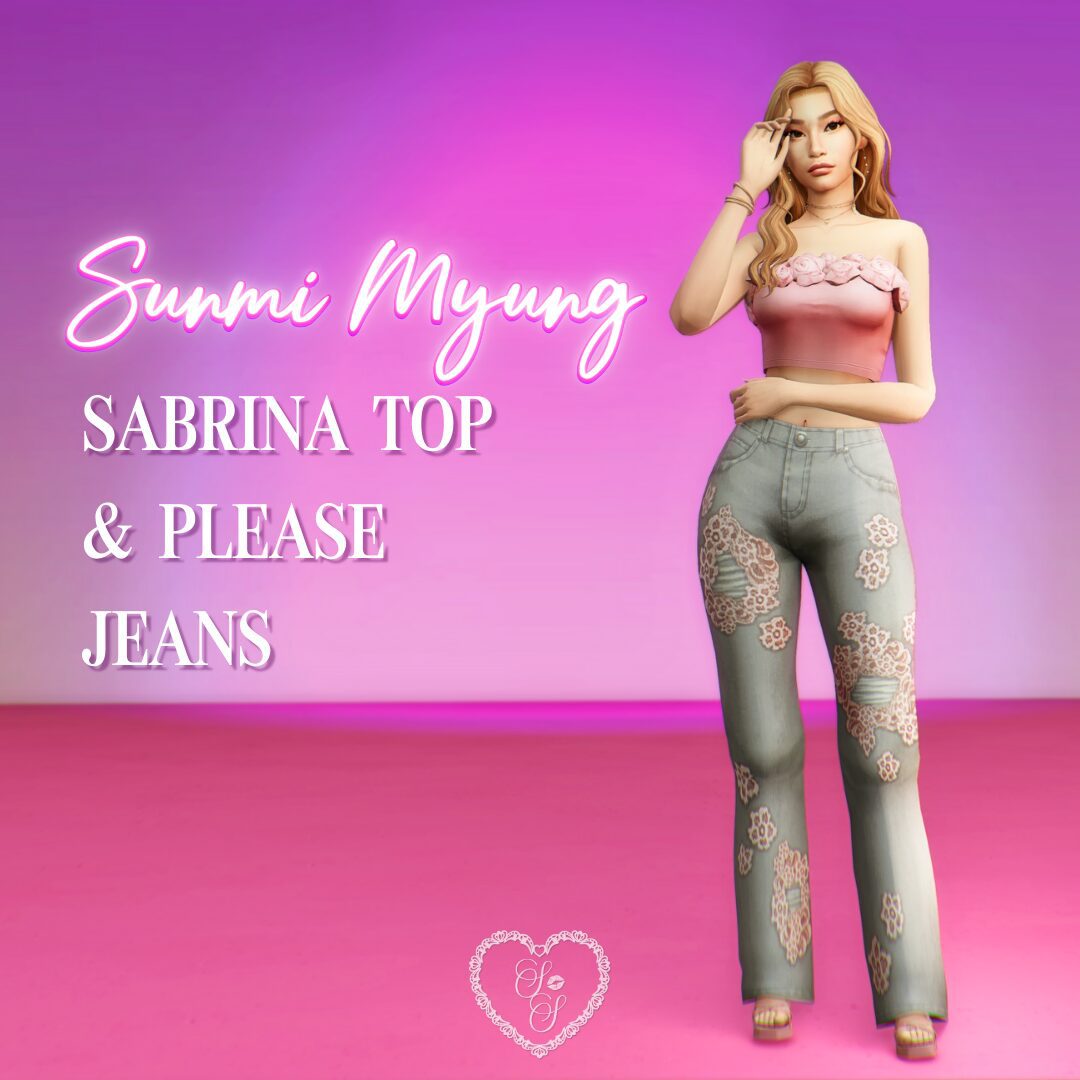 Sunmi Myung rocks embroidered jeans and a ruffled tube top, channeling romantic soft-girl vibes with a dreamy pose and long blonde waves.